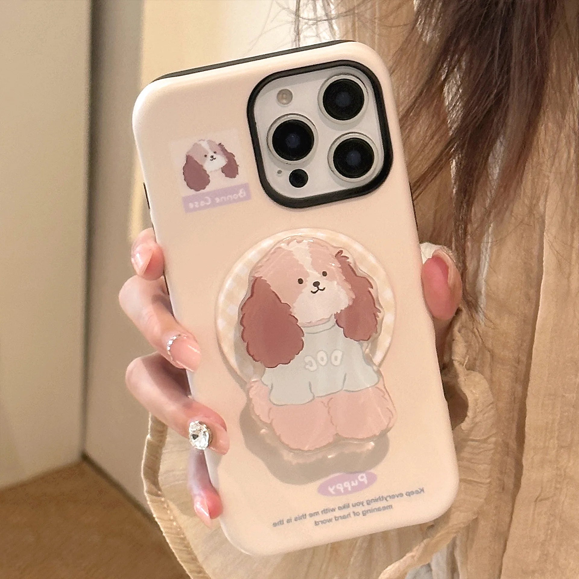 Cute Cartoon Puppy Grid Pattern With Holder Magnetic Shock Proof