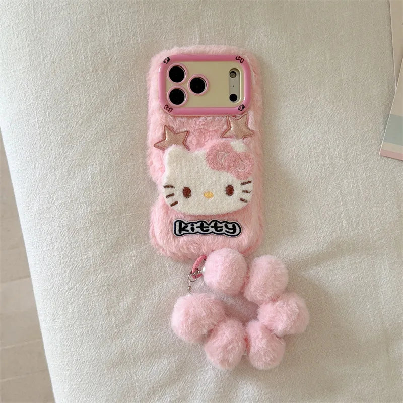 Cute 3D Hello Kitty Fur Fluffy Camera Holder Phone Case