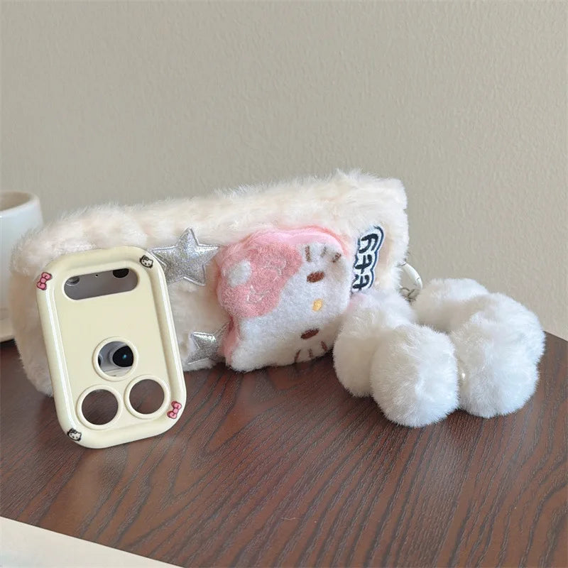 Cute 3D Hello Kitty Fur Fluffy Camera Holder Phone Case