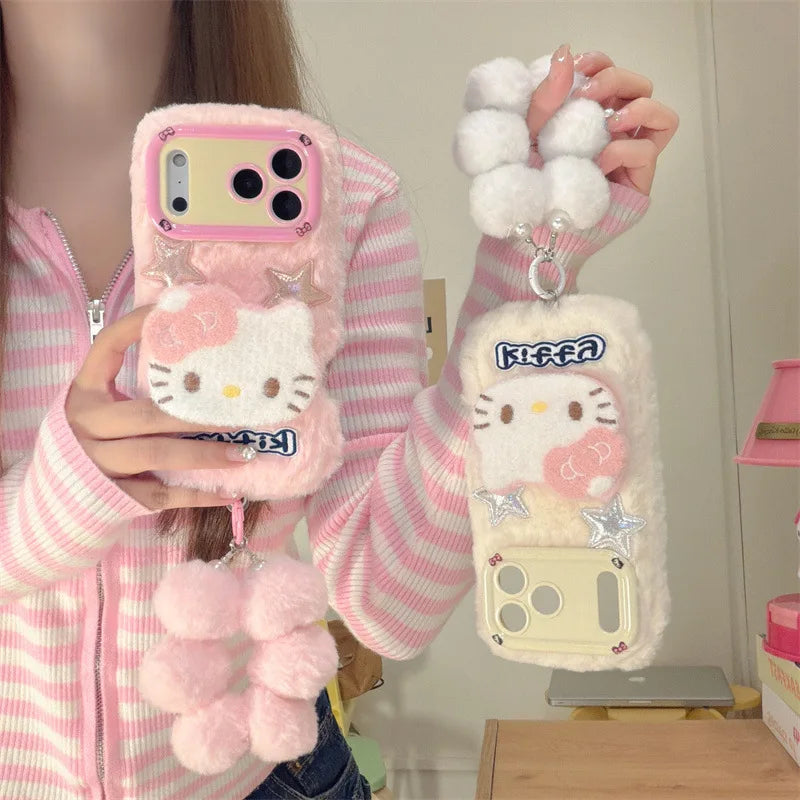 Cute 3D Hello Kitty Fur Fluffy Camera Holder Phone Case