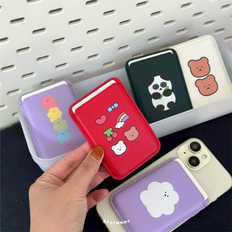 INS Cartoon Bear Card Slot Holder For Magsafe Magnetic Leather Wallet Case For iPhone 15 Pro Max 14 Phone Cover Bag Accessories
