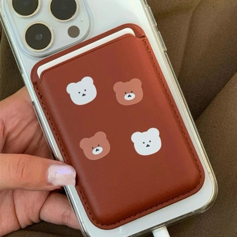 INS Cartoon Bear Card Slot Holder For Magsafe Magnetic Leather Wallet Case For iPhone 15 Pro Max 14 Phone Cover Bag Accessories