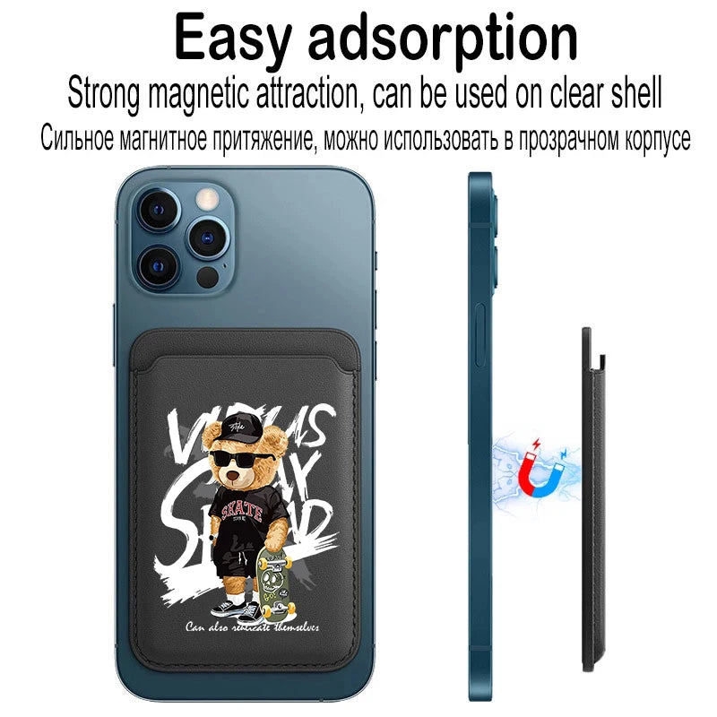 Fashion Brand Skateboard Bear Upgrade Magnetic Leather Wallet Case For MagSafe iPhone