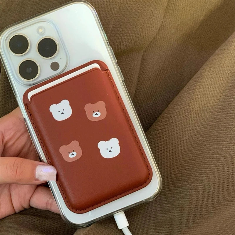 INS Cartoon Bear Card Slot Holder For Magsafe Magnetic Leather Wallet Case For iPhone 15 Pro Max 14 Phone Cover Bag Accessories