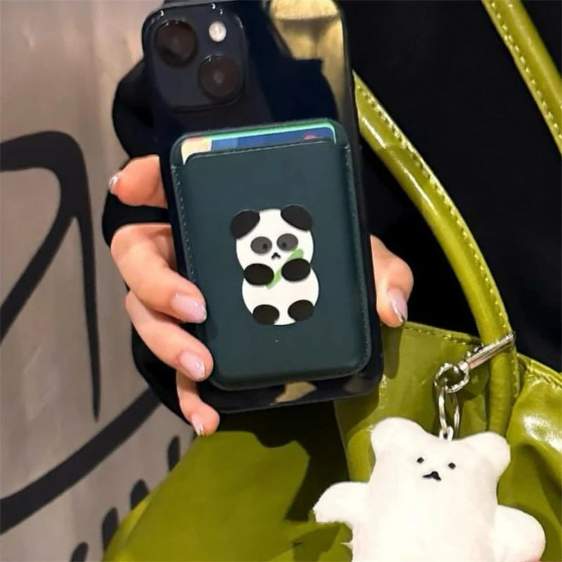INS Cartoon Bear Card Slot Holder For Magsafe Magnetic Leather Wallet Case For iPhone 15 Pro Max 14 Phone Cover Bag Accessories