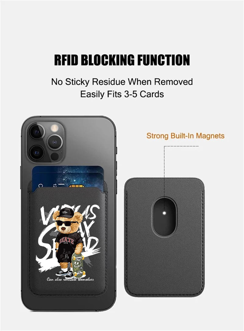 Fashion Brand Skateboard Bear Upgrade Magnetic Leather Wallet Case For MagSafe iPhone
