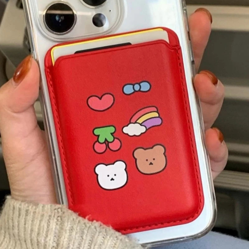 INS Cartoon Bear Card Slot Holder For Magsafe Magnetic Leather Wallet Case For iPhone 15 Pro Max 14 Phone Cover Bag Accessories