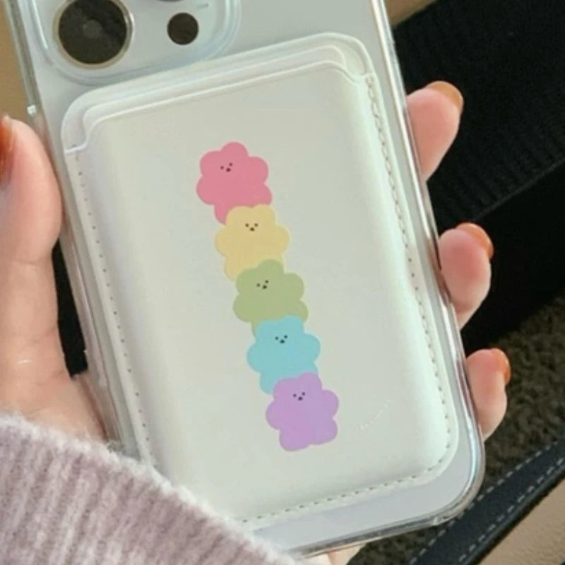 INS Cartoon Bear Card Slot Holder For Magsafe Magnetic Leather Wallet Case For iPhone 15 Pro Max 14 Phone Cover Bag Accessories