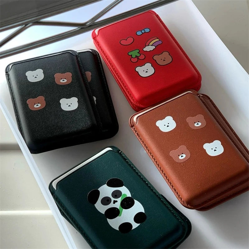 INS Cartoon Bear Card Slot Holder For Magsafe Magnetic Leather Wallet Case For iPhone 15 Pro Max 14 Phone Cover Bag Accessories