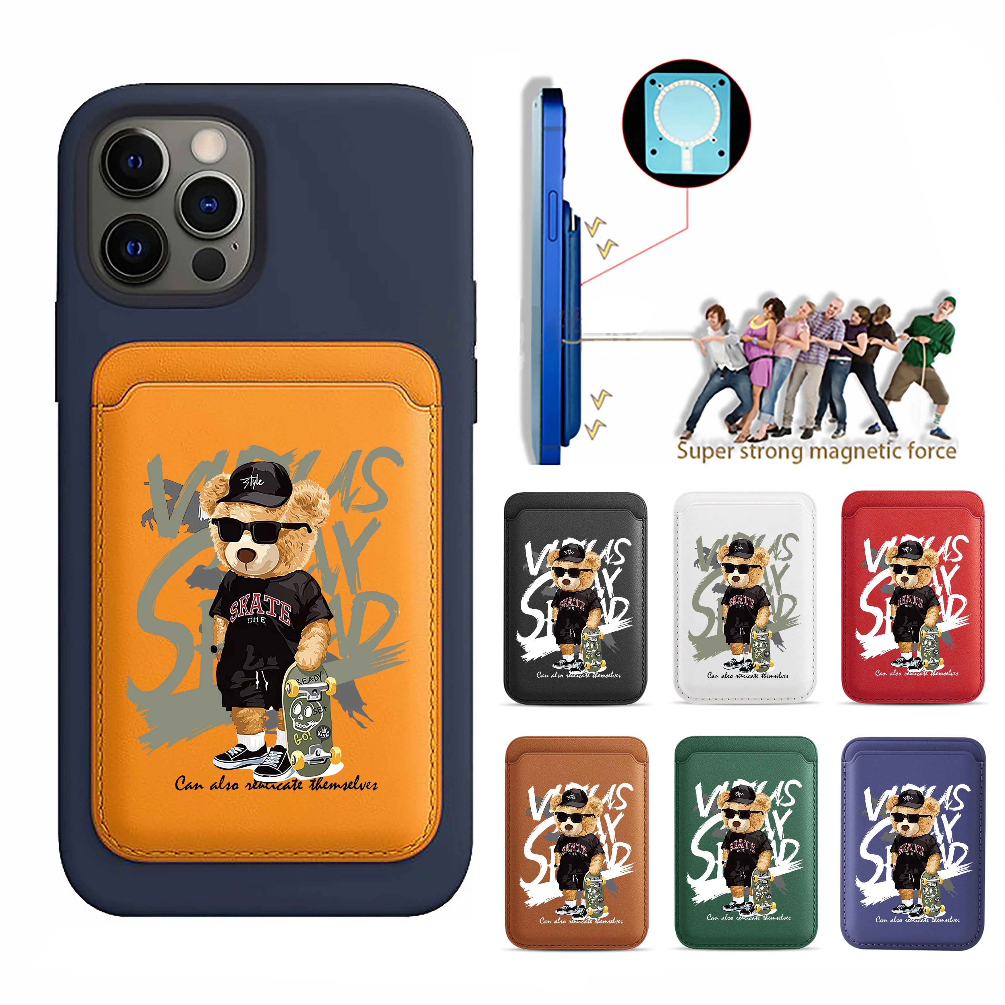 Fashion Brand Skateboard Bear Upgrade Magnetic Leather Wallet Case For MagSafe iPhone