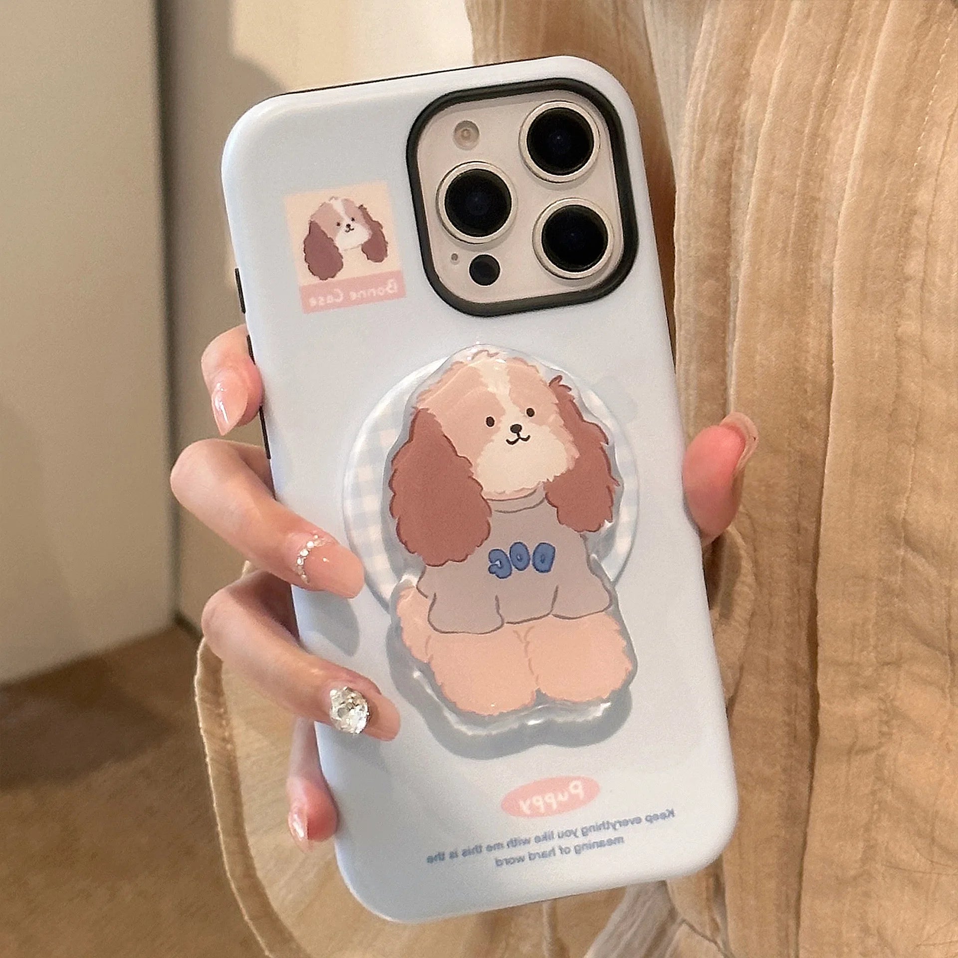 Cute Cartoon Puppy Grid Pattern With Holder Magnetic Shock Proof