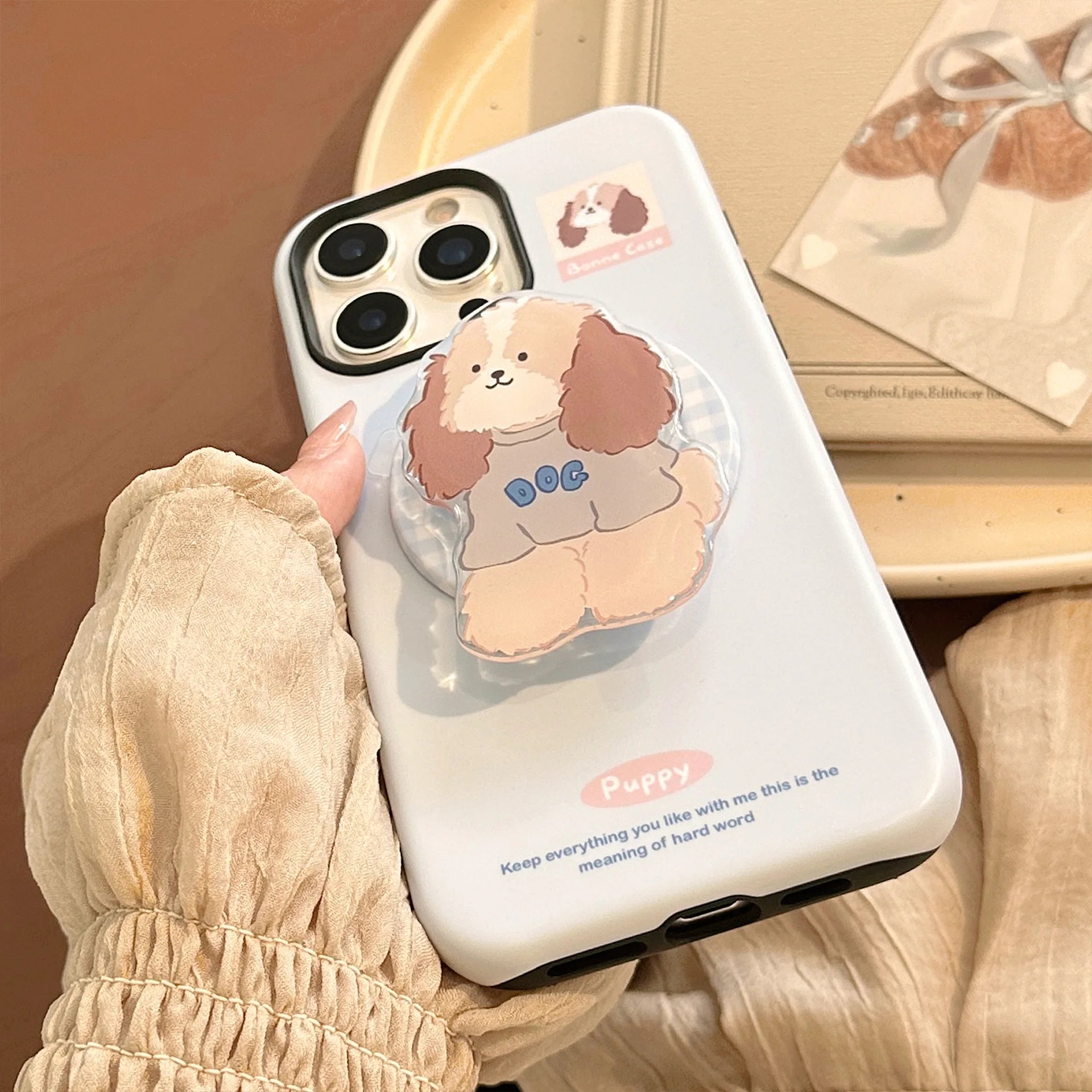 Cute Cartoon Puppy Grid Pattern With Holder Magnetic Shock Proof