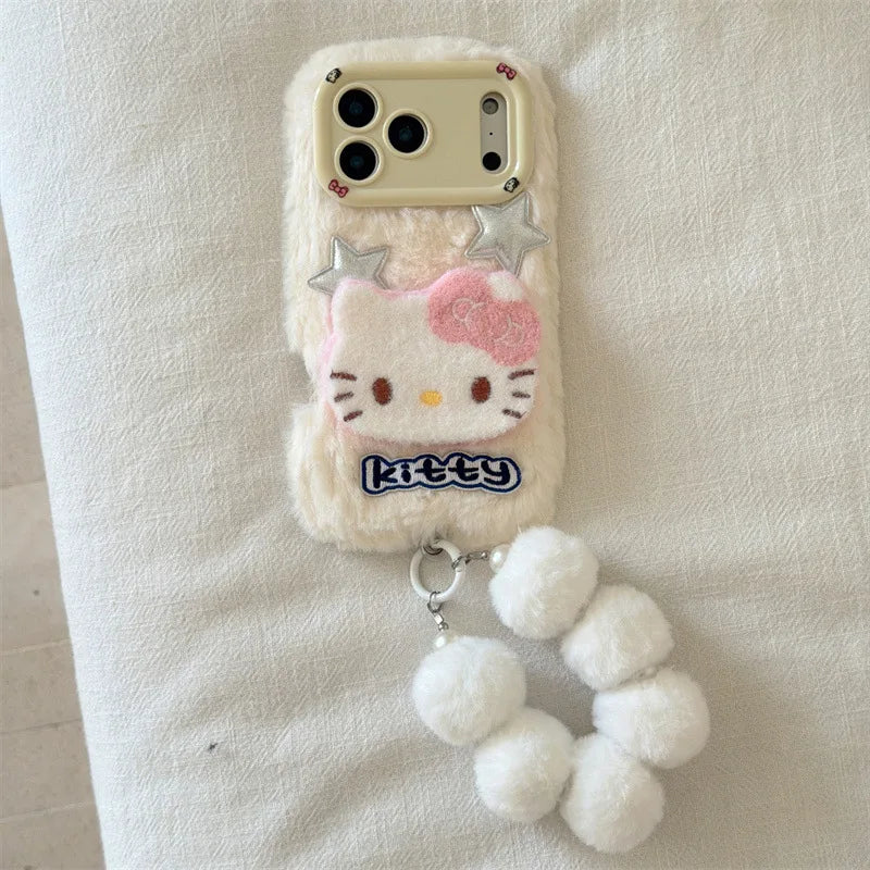 Cute 3D Hello Kitty Fur Fluffy Camera Holder Phone Case