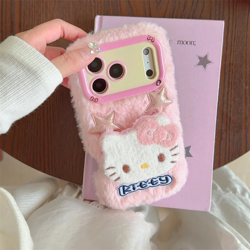 Cute 3D Hello Kitty Fur Fluffy Camera Holder Phone Case