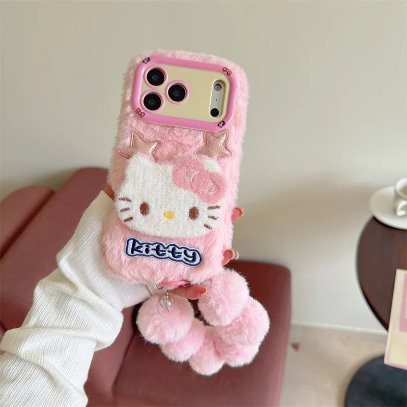 Cute 3D Hello Kitty Fur Fluffy Camera Holder Phone Case